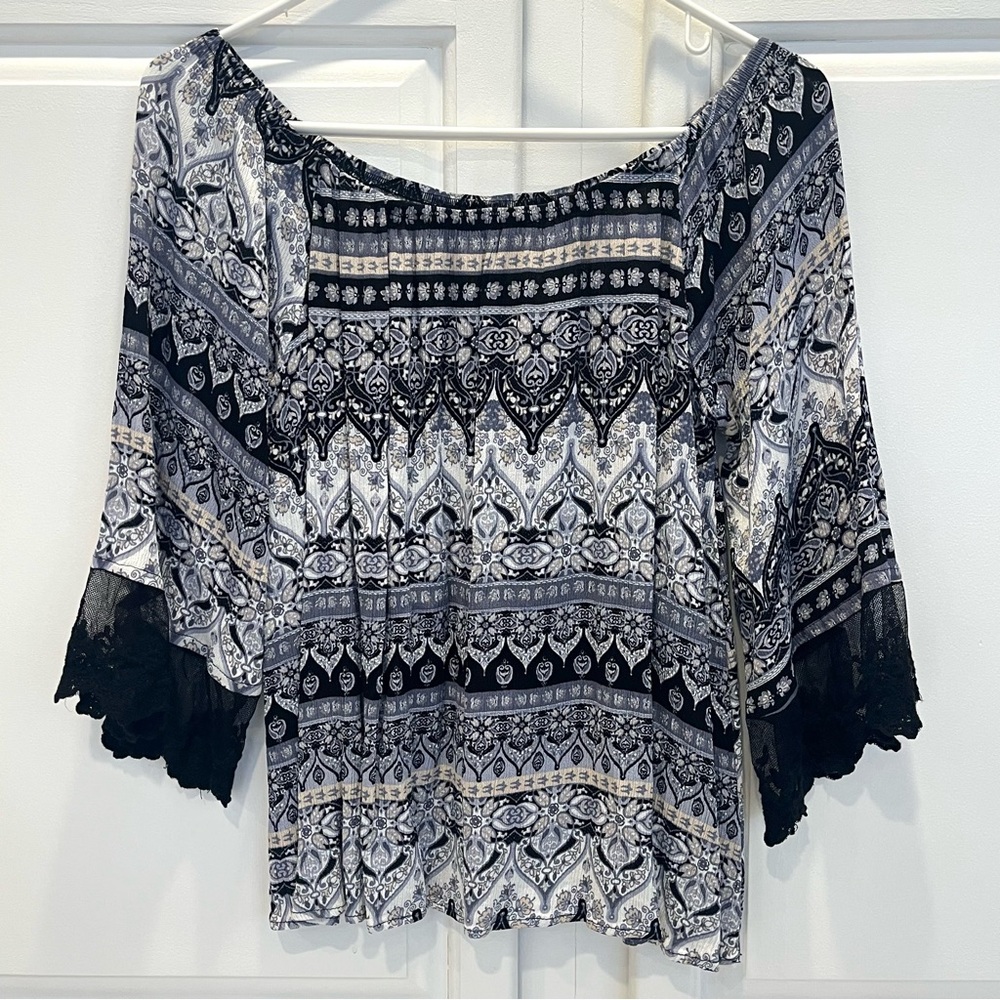 Alloy Apparel Women’s S Tall Blouse Bohemian Boho Gray Black Beige 3/4 Sleeve